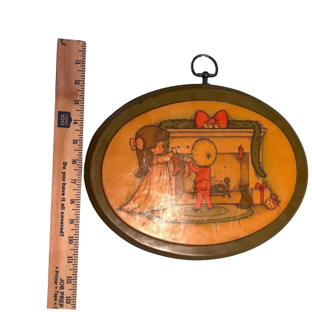 Vintage Joan Walsh Anglund‎ Decoupage Christmas Plaque Children by Fireplace